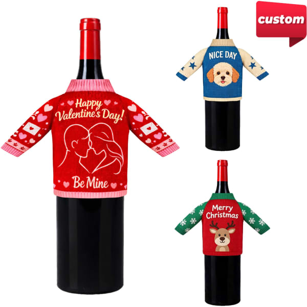 A drink bottle sleeve in red with Valentine's Day design, plus two other festive patterned sleeves in various colours.