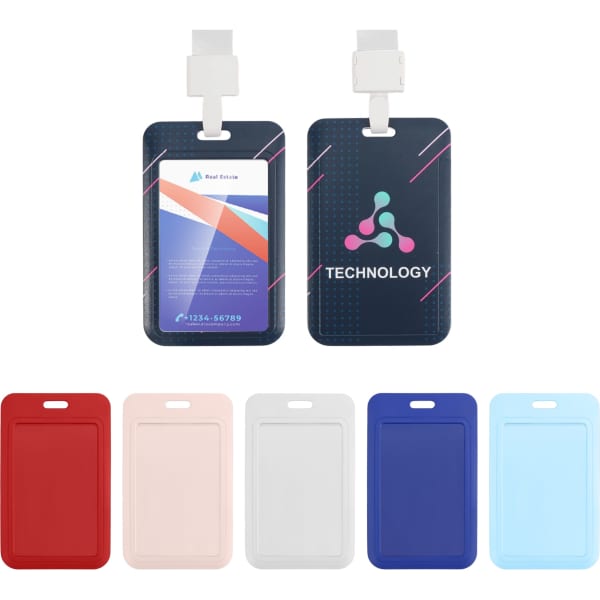 An ABS single side ID card holder in various colours, featuring a logo and a transparent front for the ID.