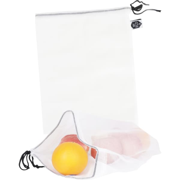 A lightweight, white produce bag with a drawstring carrying a yellow orange and several apples inside.