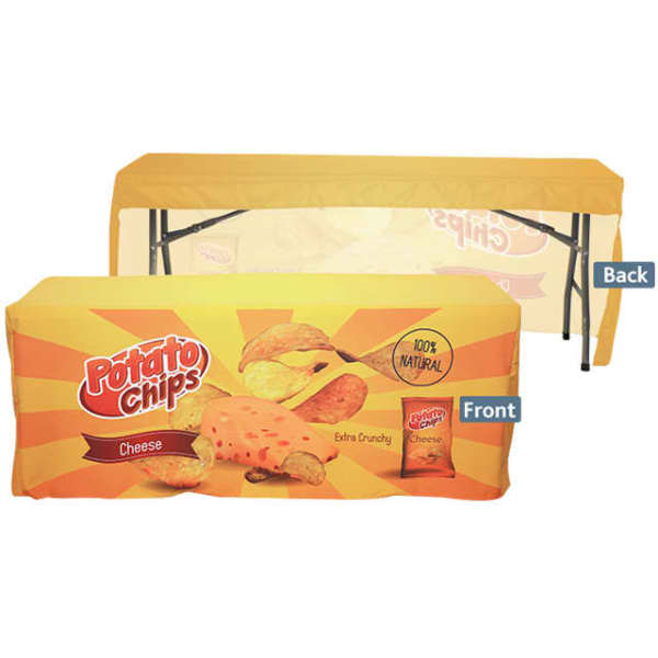 A 4ft fitted table cloth with a vibrant yellow design featuring potato chips imagery and branding.