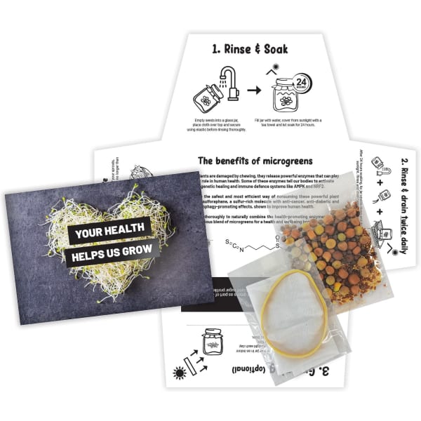A collection of seed packets, instructions, and a card featuring a heart made from sprouts, all on a grey background.