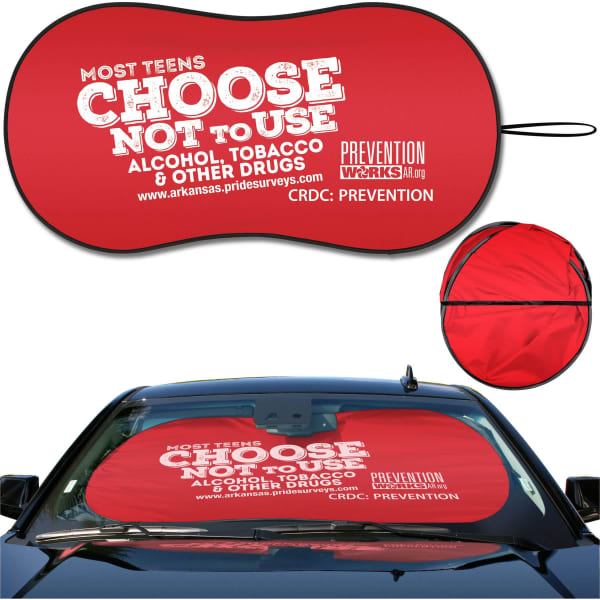 A red auto car sunshade with a black edge and a logo, designed for vehicle use. It features promotional messaging.