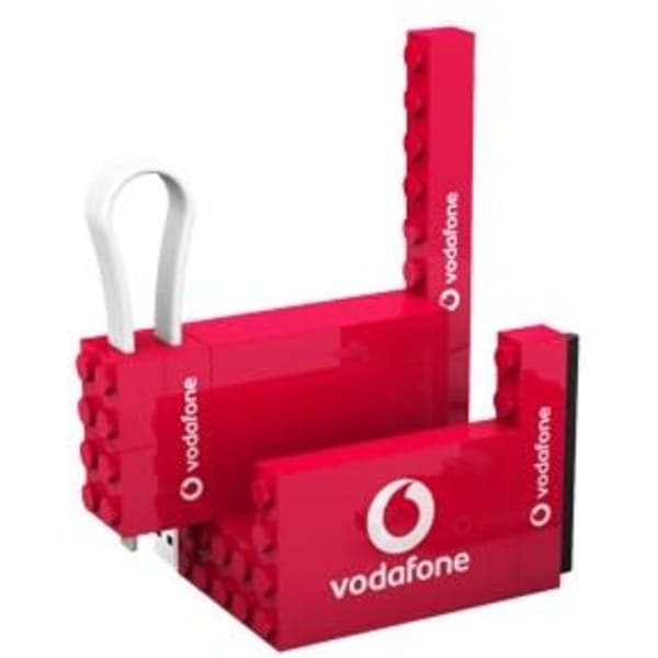 A red 4 in 1 cable set with a built-in phone stand, featuring logos and multiple connection options.