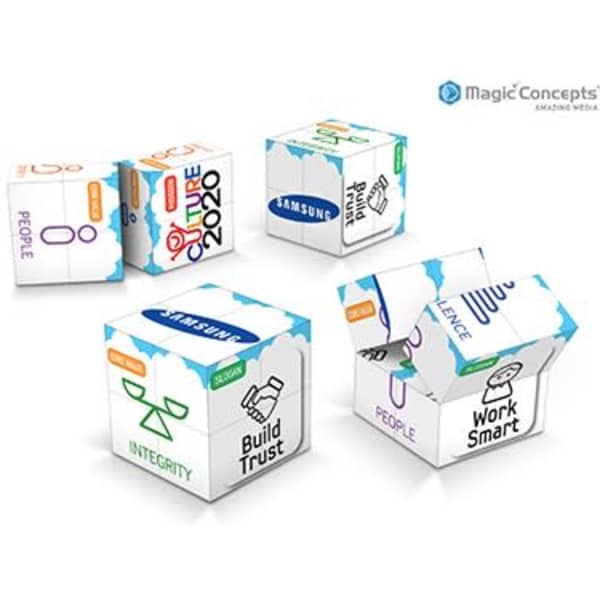 A set of five 5cm promotional cubes in various colours, featuring different designs and a logo.