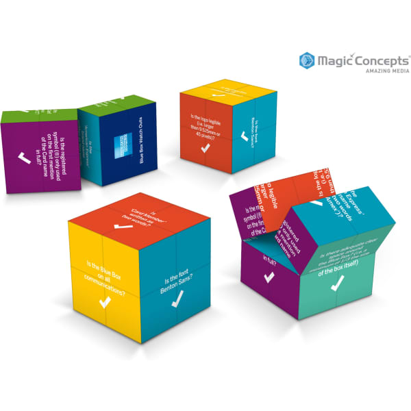 A set of brightly coloured 7cm magic cubes in shades of purple, blue, green, and orange, featuring a logo.