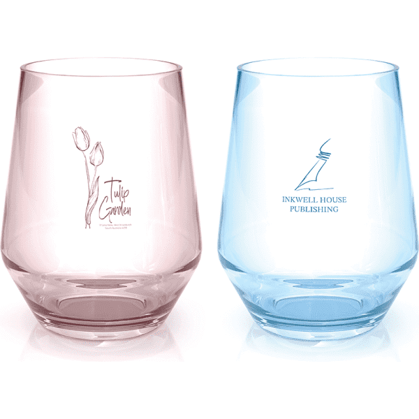 Two glass tumblers in soft pink and light blue, featuring a logo on each.