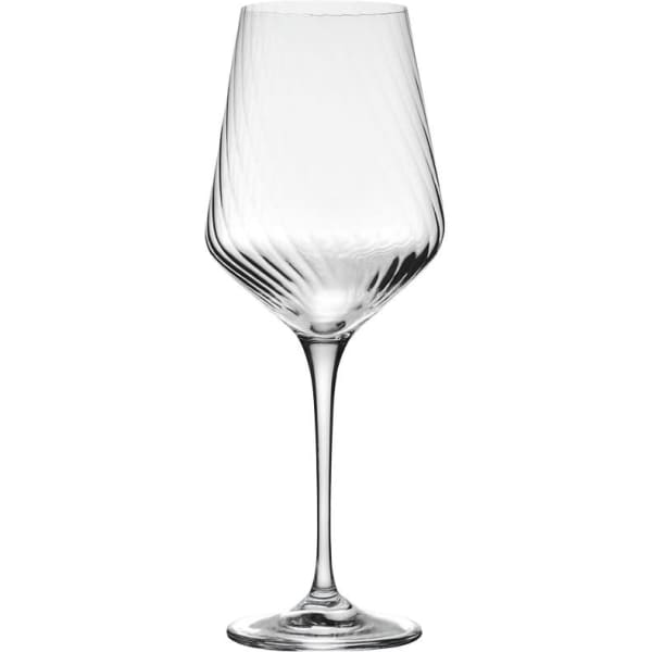 A set of six elegant clear wine glasses with a swirling design, each holding 450ML. Gift boxed for presentation.