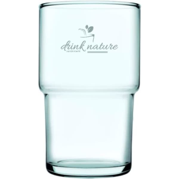 A drink bottle made of clear recycled glass, featuring a slight taper and a logo.