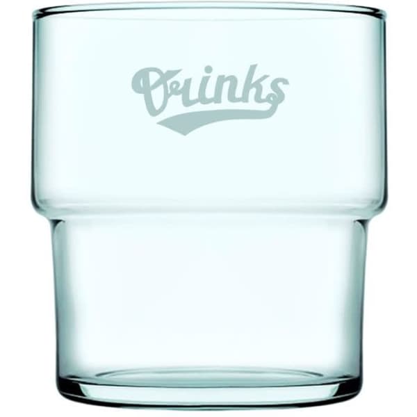 A drink bottle made of clear recycled glass, featuring a curved design with a subtle logo.