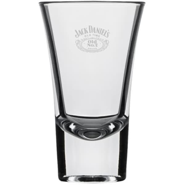 A shot glass in clear glass with a distinct shape and a logo etched on the front.