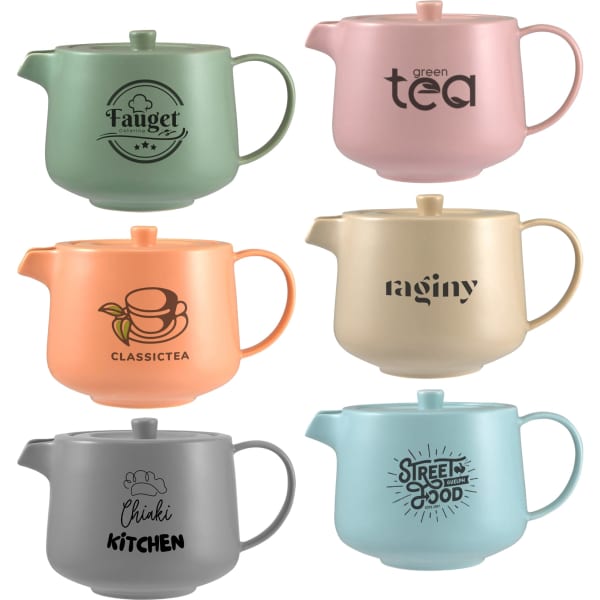 A collection of six teapots in pastel shades, each featuring a logo and unique design elements.