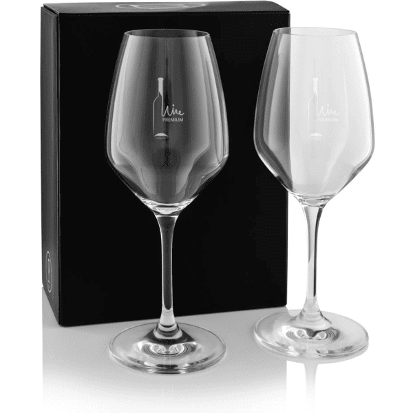 A twin pack of clear wine glasses in elegant shapes, presented in a black box with a logo.