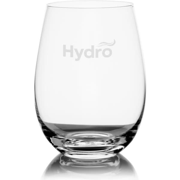 A stemless wine glass in clear glass with a smooth, curved shape and a branding logo.