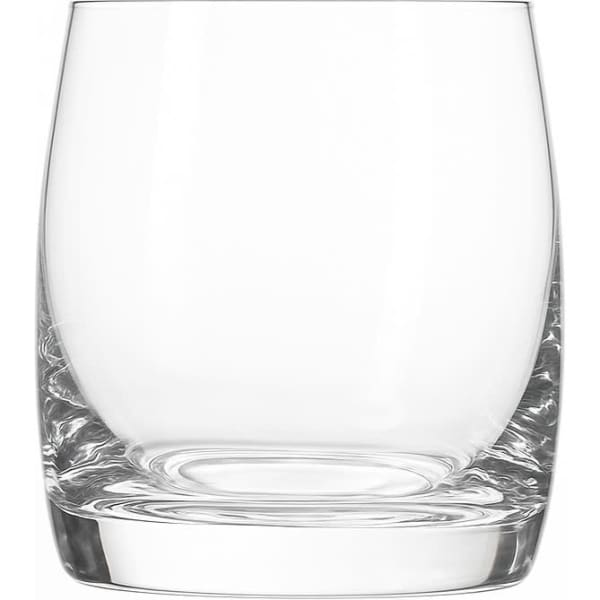 A set of six clear glass tumblers with a double old fashioned design, elegantly displayed in a gift box.