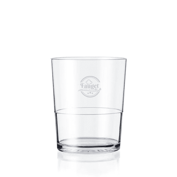 A drink bottle featuring a clear plastic tumbler with a circular logo on one side.