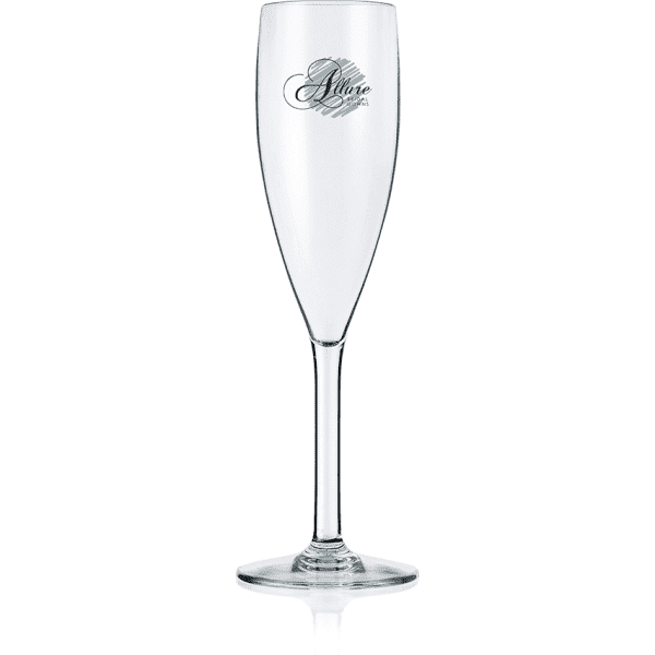 A drink bottle featuring a clear plastic flute design with a logo on its side.