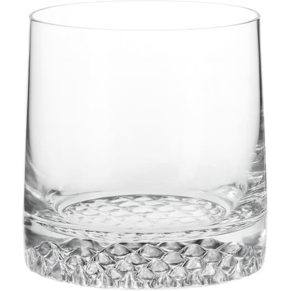 A drink tumbler with a textured clear glass base and smooth upper section. It has a simplistic, elegant design.