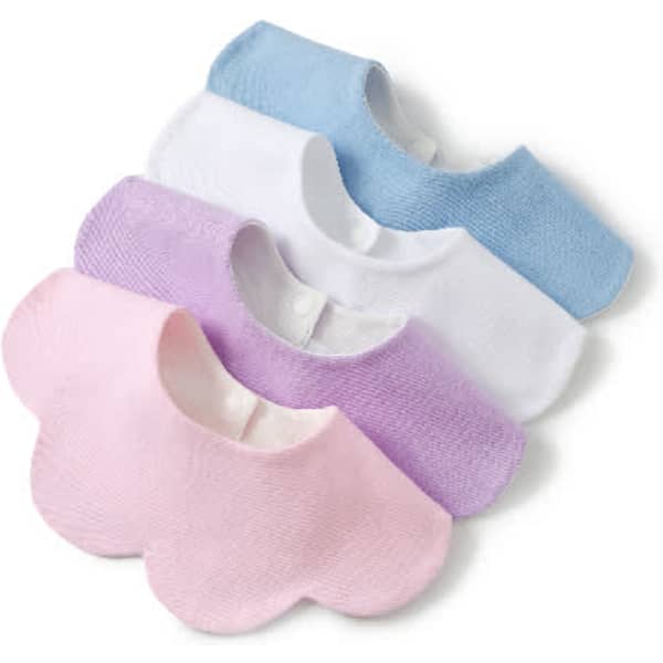 Four baby bibs in pink, purple, blue, and white, featuring a scalloped design and a button closure.