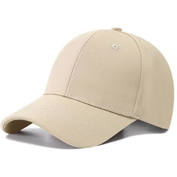 A beige 6-panel cap made from 230gsm fabric, featuring a curved brim and a logo.