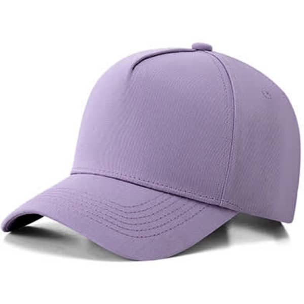 A lavender 5-panel cap made from 280gsm 100% cotton drill, featuring a logo.