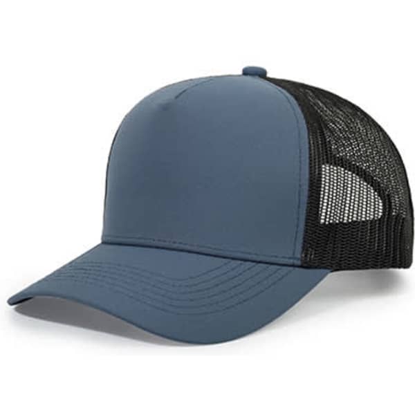 A blue trucker cap with a mesh black back and a curved peak. It features a logo on the front.