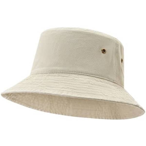 A beige bucket hat made from 280gsm 100% cotton drill with a branding logo and a textured finish.