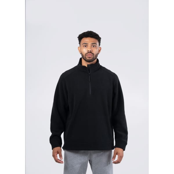 A men's/unisex polar fleece half zip top in olive green, featuring side pockets and a logo.