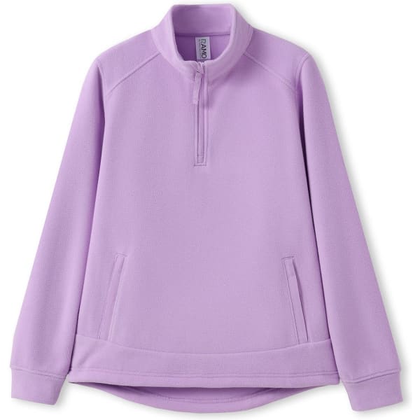 A lilac women's polar fleece half zip top with long sleeves and a high collar. It features a branding logo.