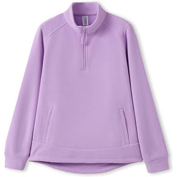 A purple women's polar fleece half zip top with long sleeves and side pockets, featuring a logo.
