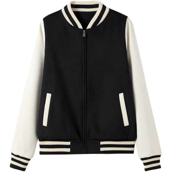 A black and cream wool blend varsity jacket with a zip front, ribbed collar, and striped cuffs. It features side pockets and a logo.