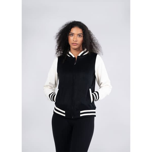 A black and cream varsity jacket with a zip front, striped cuffs, and side pockets. It features a branding logo.