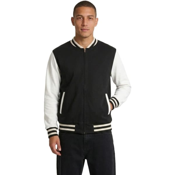 A men's/unisex varsity jacket in black with white sleeves and striped cuffs. Features side pockets and a zip closure.