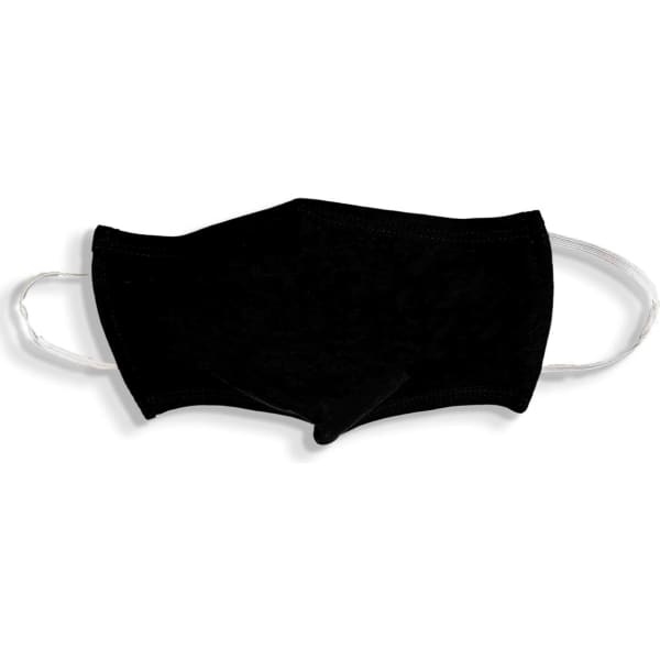 A black 100% cotton face mask with elastic ear straps and a structured design. It features a branding logo.