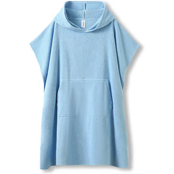 A light blue hooded towel made of 380gsm 100% cotton with a kangaroo pocket and a logo.