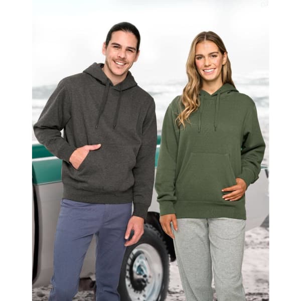 A white fleece hoodie with a front pocket is worn by a male and female model, showcasing the product's fit and style.
