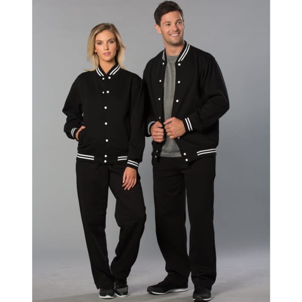 A black fleece varsity jacket with white stripes, worn by a woman and a man, both in matching black pants.
