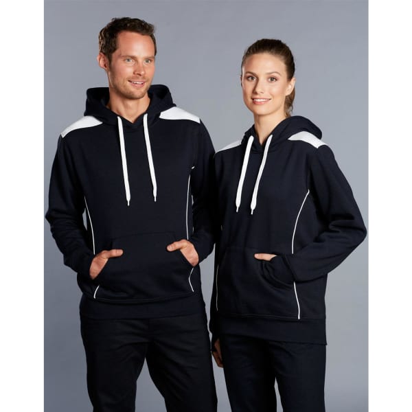 A navy hoodie with a kangaroo pocket, featuring white contrast details and a logo on the front.