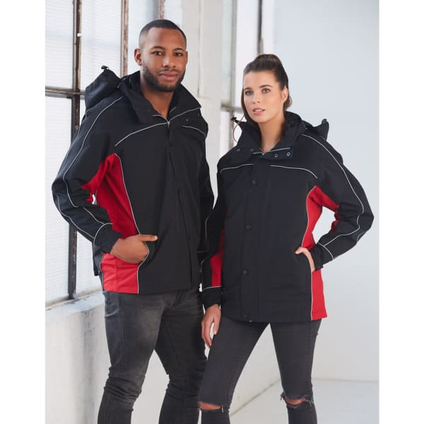 A black and red 3-in-1 jacket with a hood, worn by two models, featuring a branded logo.