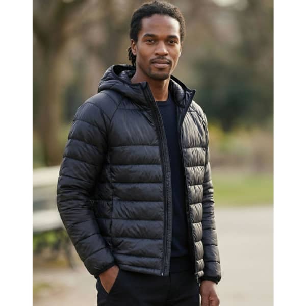 A lightweight hooded puffer jacket in black with a smooth finish and a zipper front, featuring a logo.