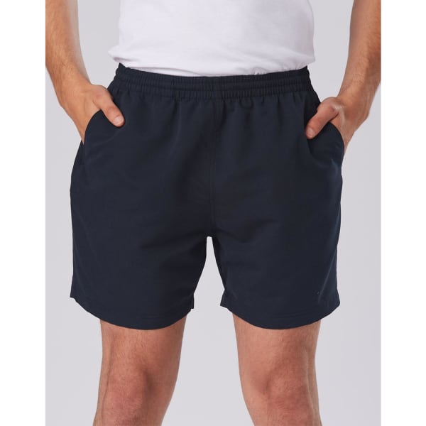Adult microfibre shorts in navy blue with an elastic waistband and side pockets. Features a logo on the hem.