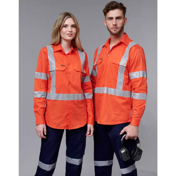 Two models wearing bright orange work shirts with reflective strips, paired with navy blue pants. The shirts feature a logo.