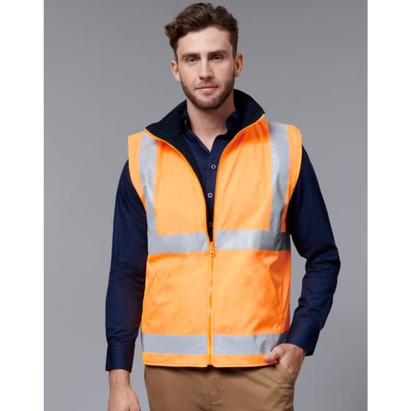 A reversible safety vest in bright orange with reflective stripes, featuring a dark collar and a fitted design.