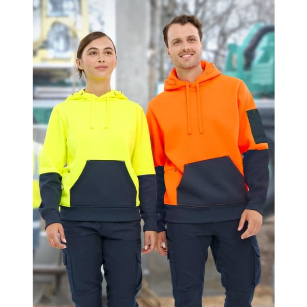 Hi-Vis two-tone fleece hoodies in yellow and orange with navy accents, featuring a pocket and logo.