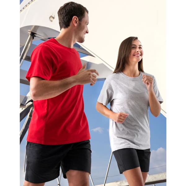 A unisex cotton tee in black and grey, displayed by a man and woman, featuring a logo on the garments.
