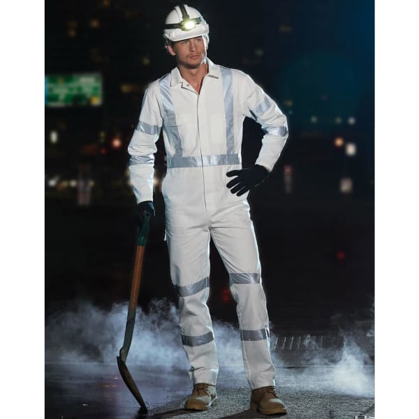 A white coverall with reflective strips, worn with gloves and a helmet, featuring a shovel in a smoky environment.
