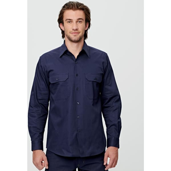 A long-sleeve, navy work shirt featuring two front pockets and a logo. Suitable for workwear.