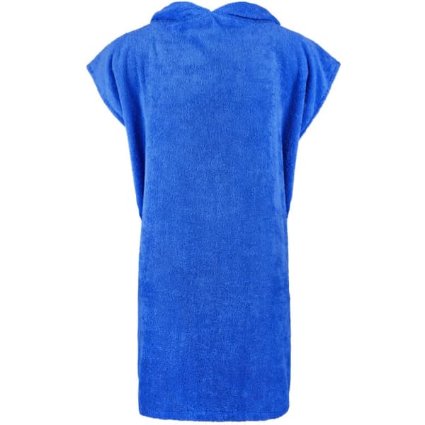 A blue hooded towel with short sleeves, designed for easy wearing and drying off. It features a simple, textured fabric.