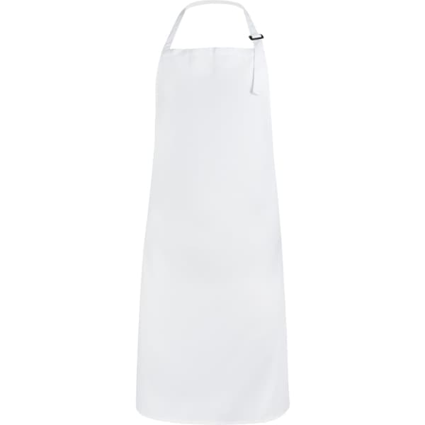 A white apron bib featuring a neck strap and minimal design. It includes a logo on the fabric.