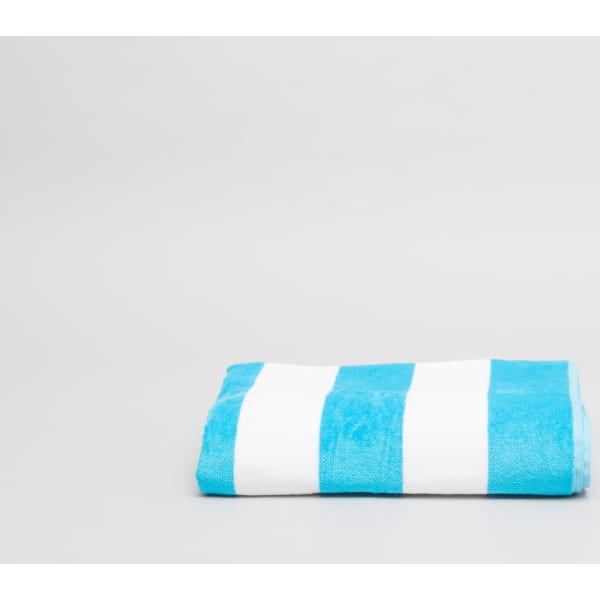 A folded aqua beach and pool towel featuring alternating white and aqua stripes, with a soft texture.