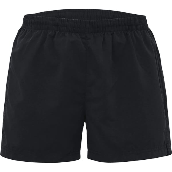 Black sports shorts with an elastic waistband, featuring a logo on the front. Suitable for active wear.
